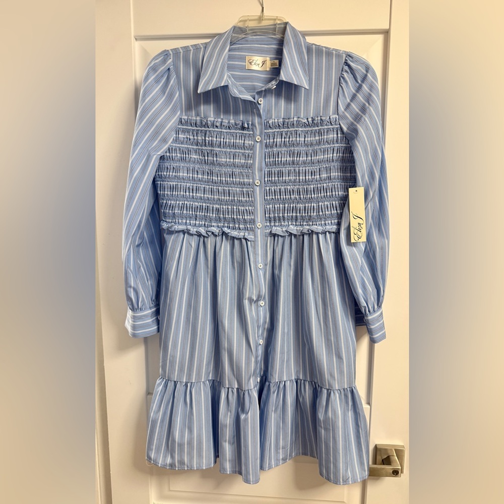 Eliza J Smocked Bodice Float Dress, Blue and White Stripes, Size 8